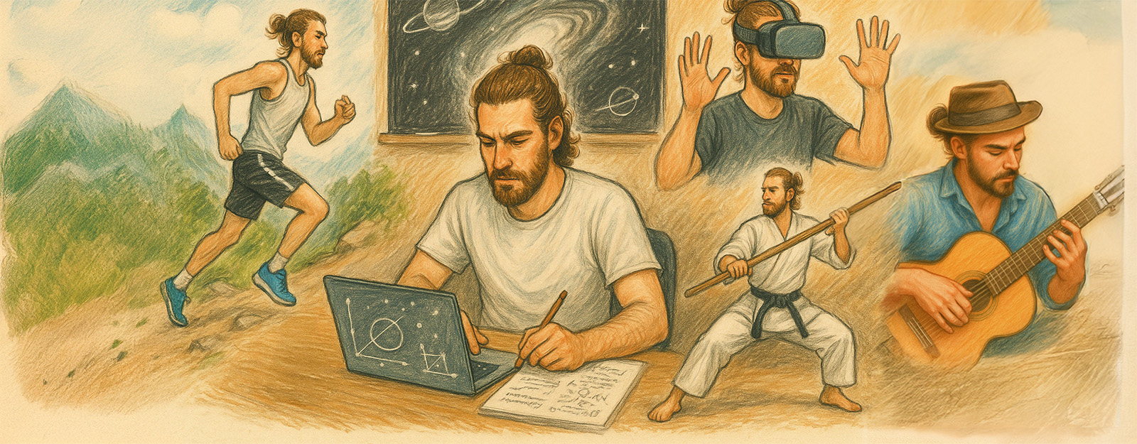Illustration of Benjamin L'Huillier running, working at a laptop, and playing music, against a cosmology blackboard