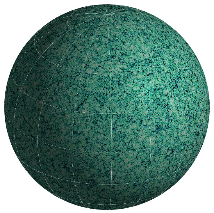 Sub-halo counts in a 60 h-1 Mpc shell of the Horizon Run 4 lightcone at z = 0.36, projected on the sphere.